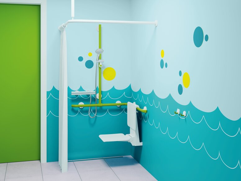 HEWI barrierefreier Duschbereich für Kinder 800 K grün Barrierefreier Duschbereich für Kinder in blau-grün