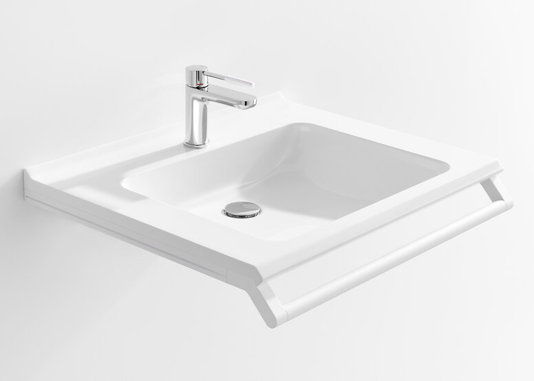 HEWI barrierefreier Waschtisch HEWI barrierefreier Waschtisch mit Haltegriff in Weiß matt aus Edelstahl und Einhebelarmatur Chrom mit weißem Griffelement aus Polyamid