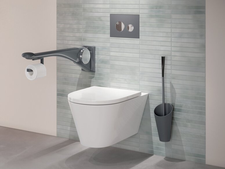 HEWI Stützklappgriff LifeSystem Anthrazit matt WC ausgestattet mit Stützklappgriff LifeSystem und WC-Bürste in Anthrazit matt